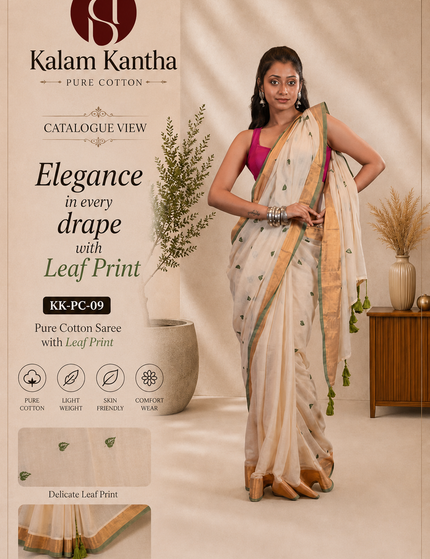 Off-White Mulmul Cotton Saree — Green Hearts & Gold Zari | Handcrafted saree | KalamKantha
