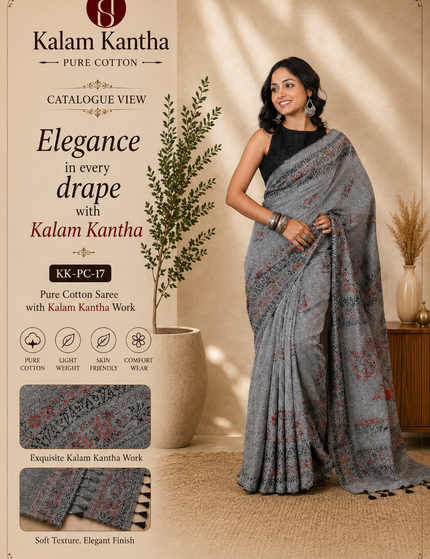 Grey Khadi Tree Print Saree — Handloom Everyday Elegance | Handcrafted saree | KalamKantha