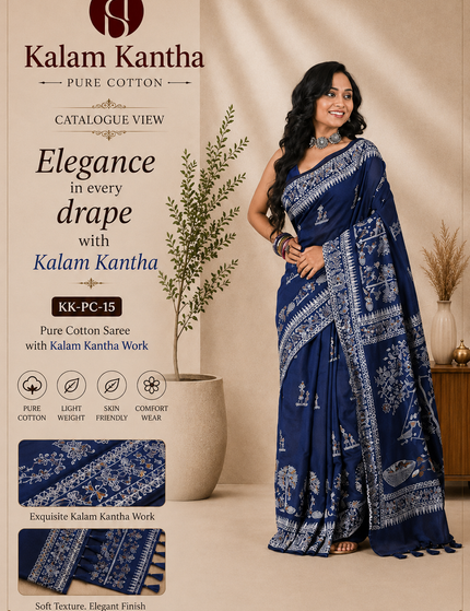 Navy Blue Khadi Folk Print Saree — White Warli Village Art | Handcrafted saree | KalamKantha
