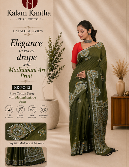 Olive Green Khadi Madhubani Saree — Multicolour Folk Art | Handcrafted saree | KalamKantha