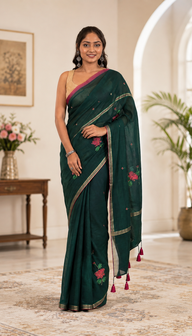 Bottle Green Handloom Cotton Saree — Lotus Hand Painted | Handcrafted saree | KalamKantha