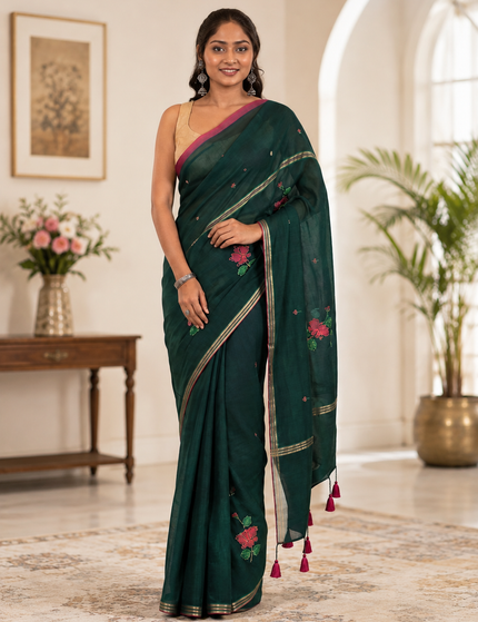 Bottle Green Handloom Cotton Saree — Lotus Hand Painted | Handcrafted saree | KalamKantha