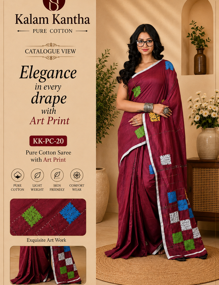 Magenta Baul Applique Saree — Multicolour Patchwork | Handcrafted saree | KalamKantha