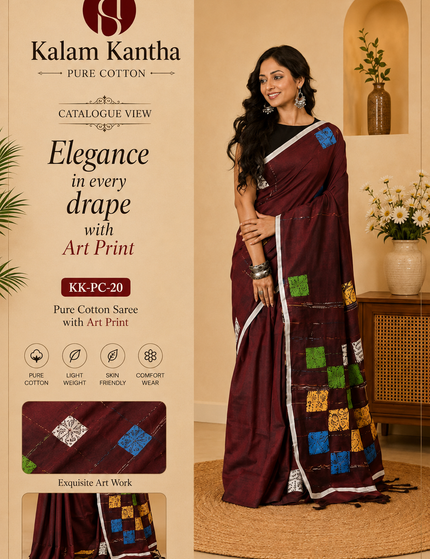 Maroon Baul Applique Saree — Multicolour Patchwork Square Motifs & White Border | Handcrafted saree | KalamKantha