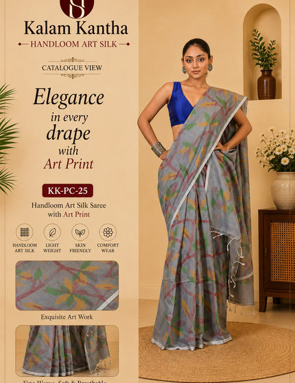 Grey Handloom Multicolour Printed Saree | Handcrafted saree | KalamKantha