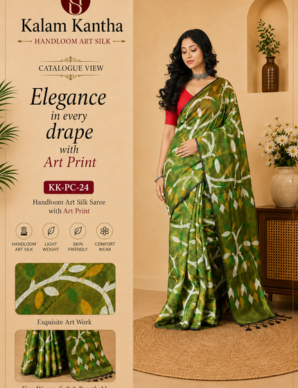 Olive Green Handloom Printed Saree — Abstract Leaf Print | Handcrafted saree | KalamKantha