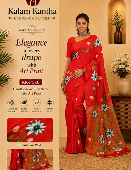 Red Handloom Multicolour Floral Hand Print Saree | Handcrafted saree | KalamKantha
