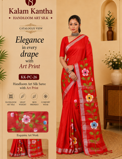 Red Handloom Floral Hand Print Saree | Handcrafted saree | KalamKantha