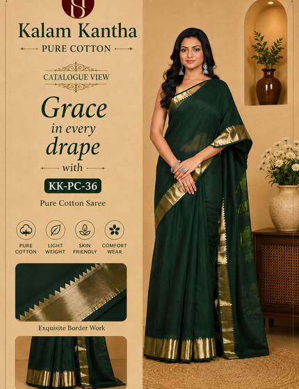 Bottle Green Maheshwari Silk Cotton Saree — Zari ... - Saree | KalamKantha