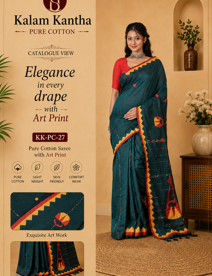 Teal Ektara Applique Saree — Orange & Red Motifs | Handcrafted saree | KalamKantha