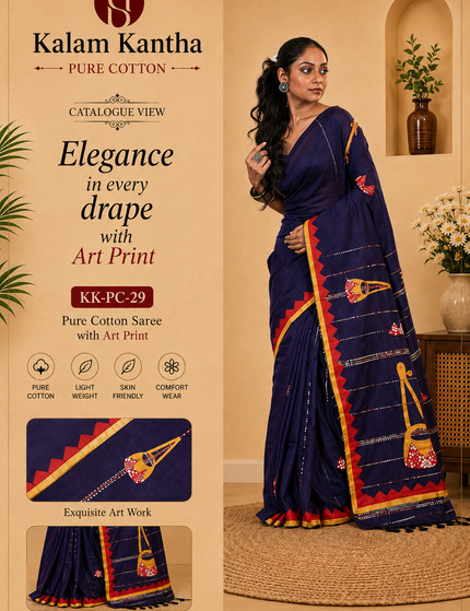Navy Blue Ektara Applique Cotton Saree | Handcrafted saree | KalamKantha