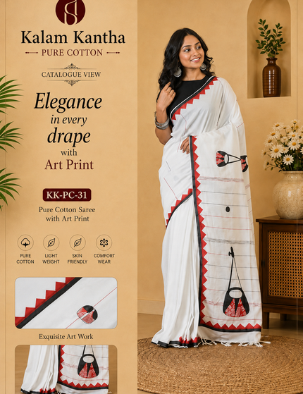 Off-White Ektara Applique Saree — Red & Black Folk Instrument Motifs | Handcrafted saree | KalamKantha