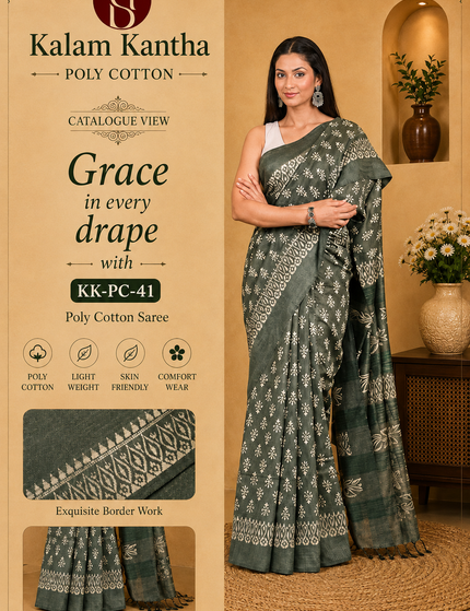 Catalogue-style product image showing a woman wearing a green Tussar silk cotton saree with white floral Batik print and decorative border, alongside Kalam Kantha branding and fabric-detail panels.