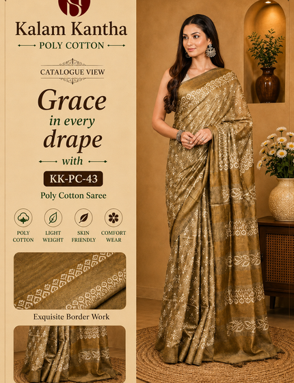 Product catalog image showing a model wearing an olive saree with cream floral Batik motifs and patterned pallu, with close-ups of the border and fabric