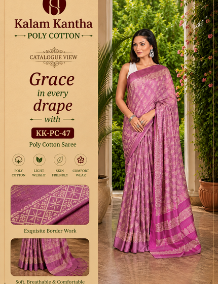 Catalogue-style product image showing a woman wearing a mauve-lavender Tussar silk cotton saree with delicate white Batik floral print and magenta border, alongside Kalam Kantha branding and fabric-detail panels.