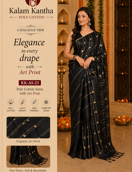 Black cotton saree product infographic showing a model fabric close-up and gold stripe Art Print details