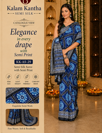 Catalog-style product image of a model wearing a royal blue mercerized Ikkat silk saree with blue floral motifs, diamond patterns, and black-and-white patterned borders, featuring fabric detail panels and Kalam Kantha branding.