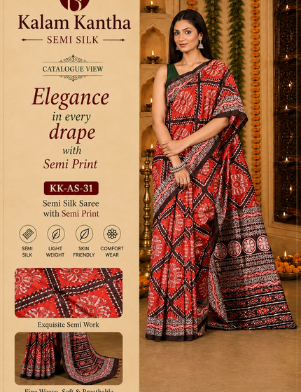 Catalog-style product image of a model wearing a red mercerized Ikkat silk saree with geometric motifs, circular floral patterns, and black-and-white patterned borders, featuring fabric detail panels and Kalam Kantha branding.