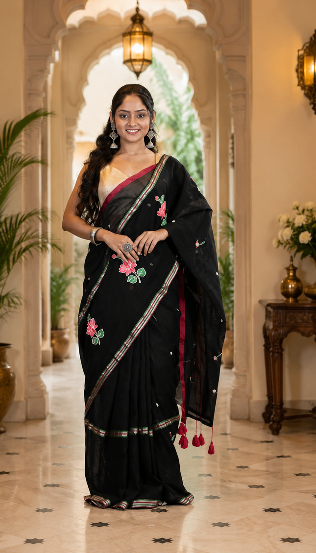 Black Handloom Cotton Saree — Lotus Hand Painted | Handcrafted saree | KalamKantha