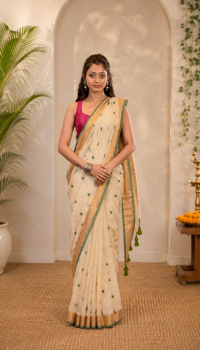Off-White Mulmul Cotton Saree — Green Hearts & Gold Zari | Handcrafted saree | KalamKantha