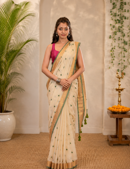 Off-White Mulmul Cotton Saree — Green Hearts & Gold Zari | Handcrafted saree | KalamKantha