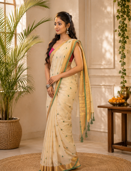 Off-White Mulmul Cotton Saree — Green Hearts & Gold Zari | Handcrafted saree | KalamKantha