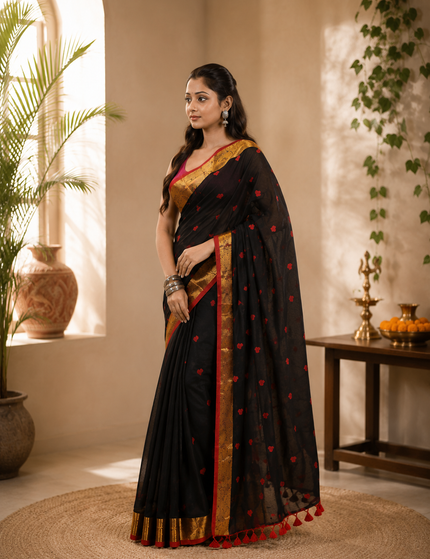 Black Love Khadi Cotton Saree — Red Hearts & Gold Zari | Handcrafted saree | KalamKantha