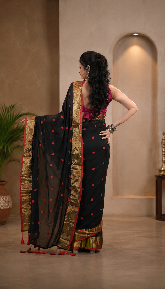 Black Love Khadi Cotton Saree — Red Hearts & Gold Zari | Handcrafted saree | KalamKantha