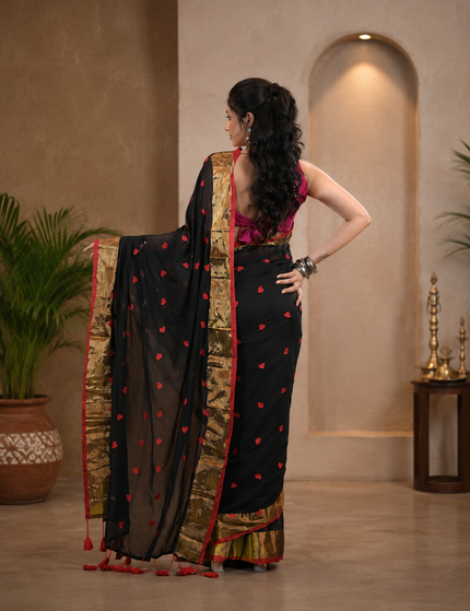 Black Love Khadi Cotton Saree — Red Hearts & Gold Zari | Handcrafted saree | KalamKantha