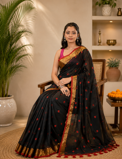 Black Love Khadi Cotton Saree — Red Hearts & Gold Zari | Handcrafted saree | KalamKantha