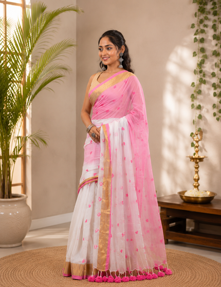 White Love Khadi Cotton Saree — Pink Heart Motifs & Gold Zari | Handcrafted saree | KalamKantha