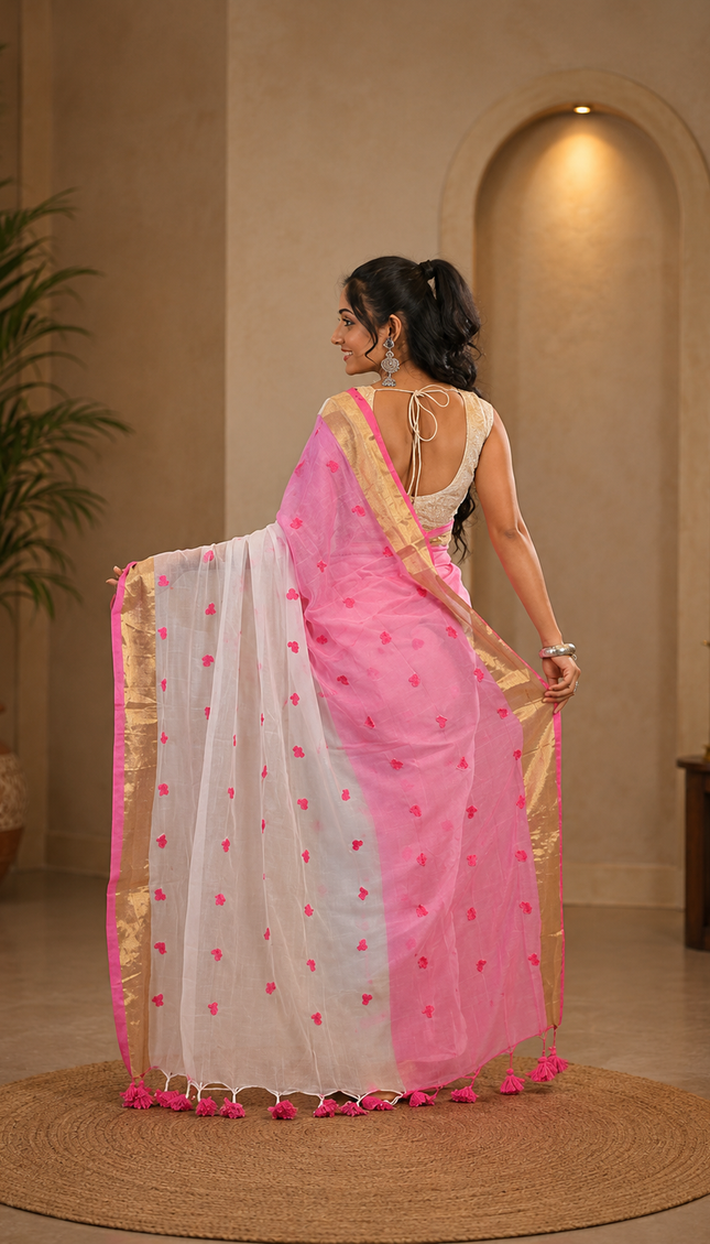 White Love Khadi Cotton Saree — Pink Heart Motifs & Gold Zari | Handcrafted saree | KalamKantha