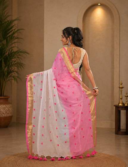 White Love Khadi Cotton Saree — Pink Heart Motifs & Gold Zari | Handcrafted saree | KalamKantha