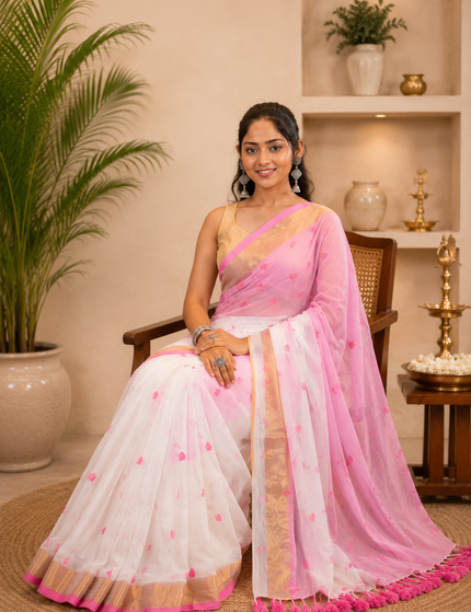 White Love Khadi Cotton Saree — Pink Heart Motifs & Gold Zari | Handcrafted saree | KalamKantha