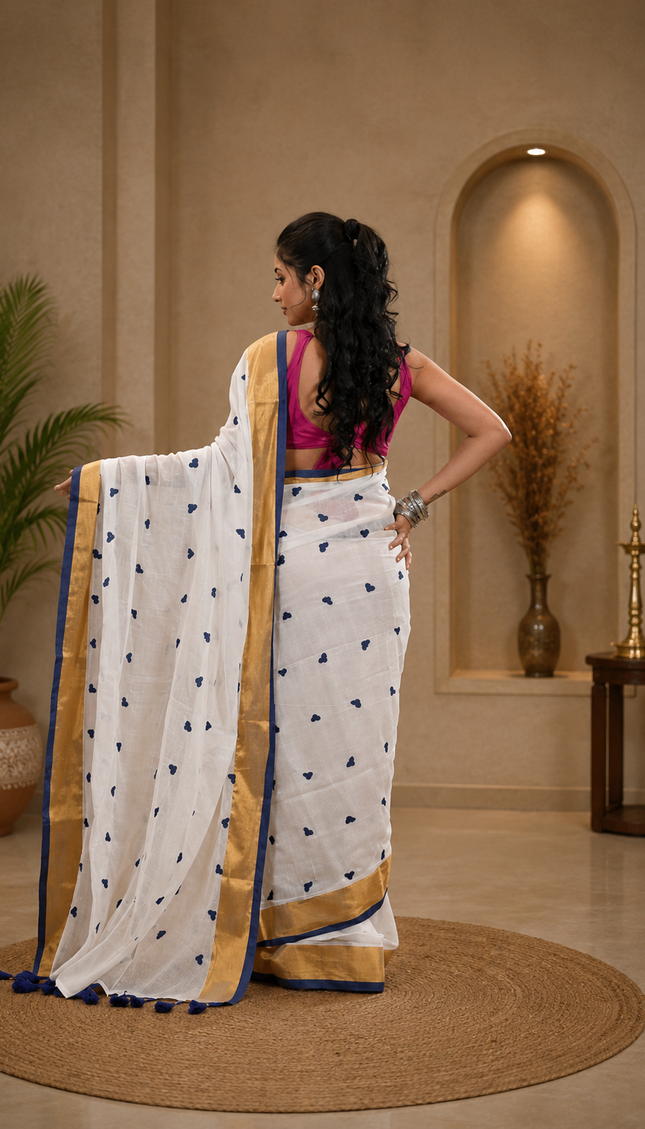 White Mulmul Cotton Saree — Violet Hearts & Gold Zari | Handcrafted saree | KalamKantha