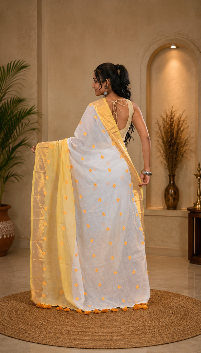 Two Toned Mulmul Cotton Saree — Gold Border & Hearts | Handcrafted saree | KalamKantha