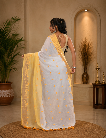 Two Toned Mulmul Cotton Saree — Gold Border & Hearts | Handcrafted saree | KalamKantha