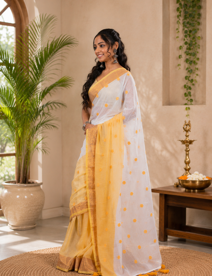 Two Toned Mulmul Cotton Saree — Gold Border & Hearts | Handcrafted saree | KalamKantha