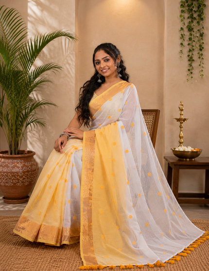 Two Toned Mulmul Cotton Saree — Gold Border & Hearts | Handcrafted saree | KalamKantha
