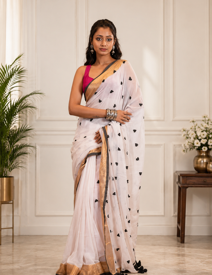 White Love Khadi Saree - Black Heart Motifs & Gold Zari | Handcrafted saree | KalamKantha