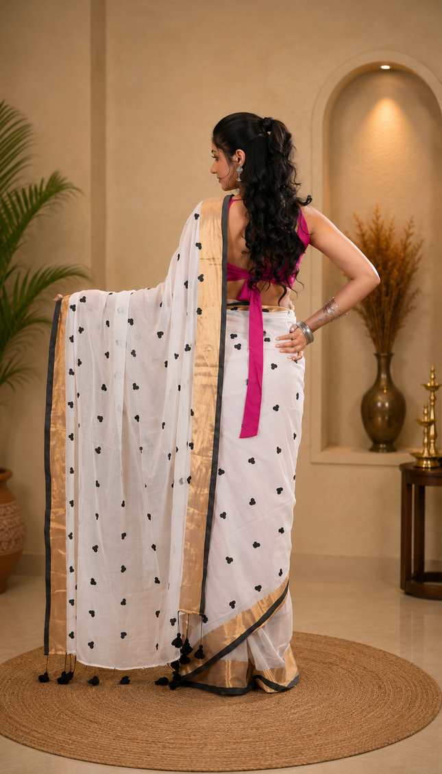 White Love Khadi Saree - Black Heart Motifs & Gold Zari | Handcrafted saree | KalamKantha