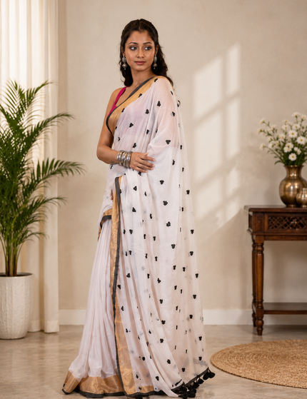 White Love Khadi Saree - Black Heart Motifs & Gold Zari | Handcrafted saree | KalamKantha