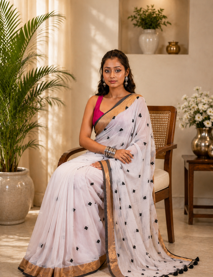 White Love Khadi Saree - Black Heart Motifs & Gold Zari | Handcrafted saree | KalamKantha