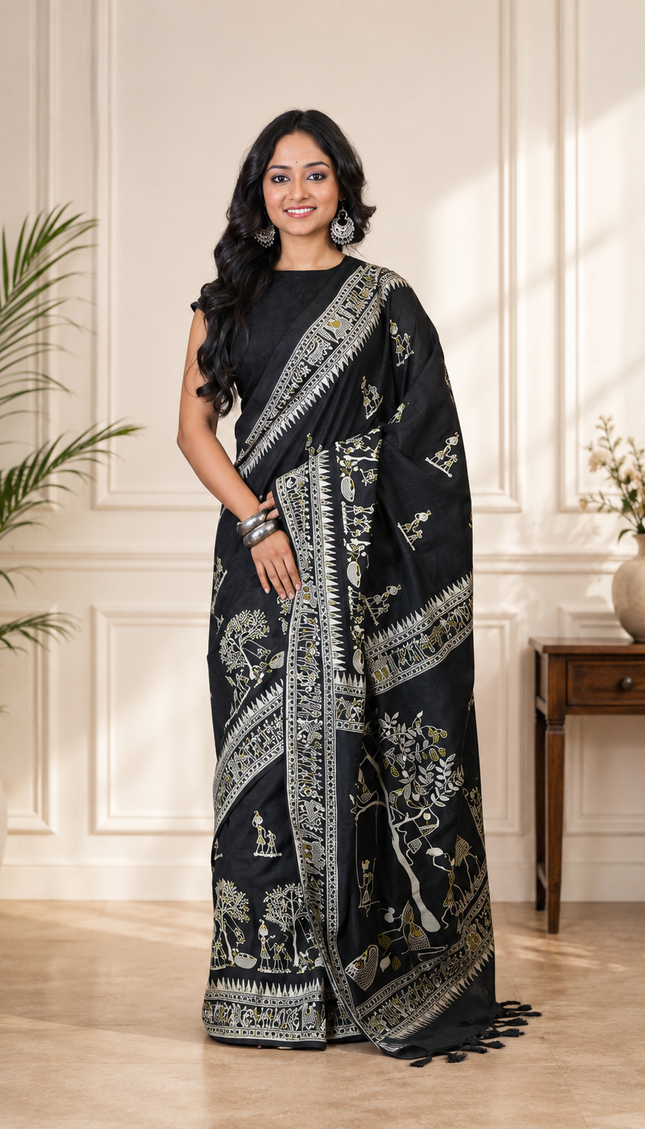 Black Khadi Tree Print Saree — Handloom Everyday Elegance | Handcrafted saree | KalamKantha