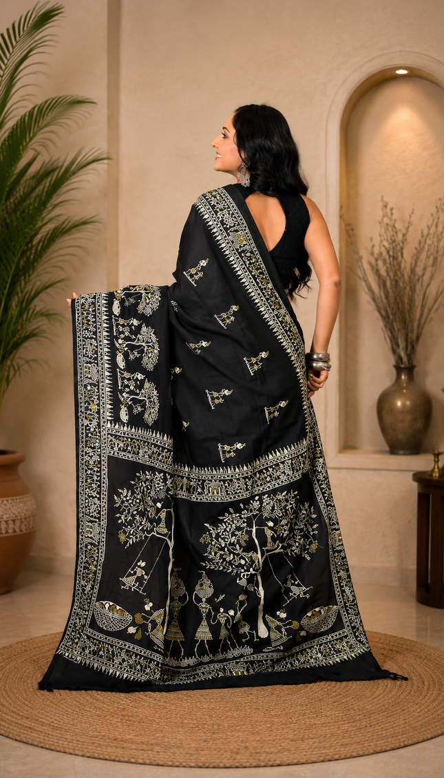 Black Khadi Tree Print Saree — Handloom Everyday Elegance | Handcrafted saree | KalamKantha