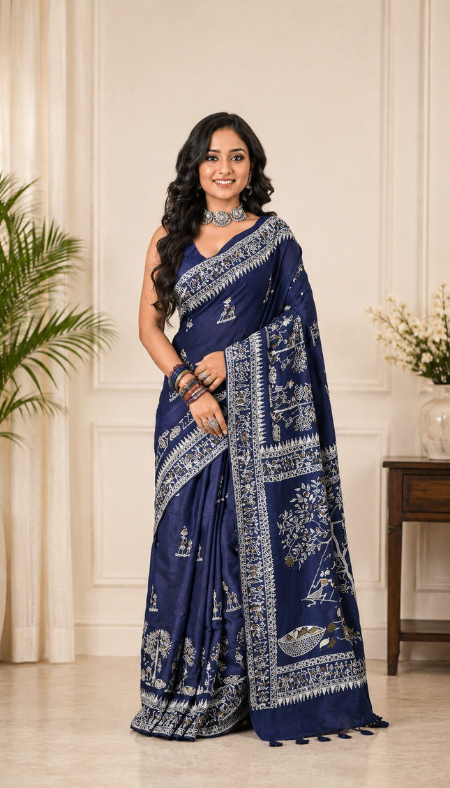 Navy Blue Khadi Folk Print Saree — White Warli Village Art | Handcrafted saree | KalamKantha