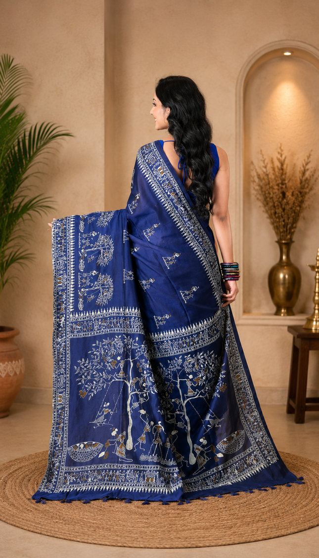 Navy Blue Khadi Folk Print Saree — White Warli Village Art | Handcrafted saree | KalamKantha