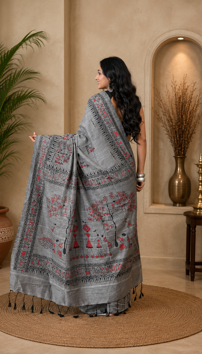 Grey Khadi Tree Print Saree — Handloom Everyday Elegance | Handcrafted saree | KalamKantha