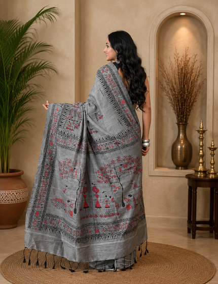 Grey Khadi Tree Print Saree — Handloom Everyday Elegance | Handcrafted saree | KalamKantha