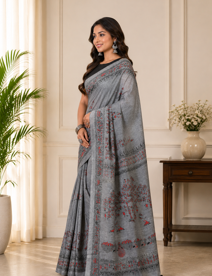 Grey Khadi Tree Print Saree — Handloom Everyday Elegance | Handcrafted saree | KalamKantha